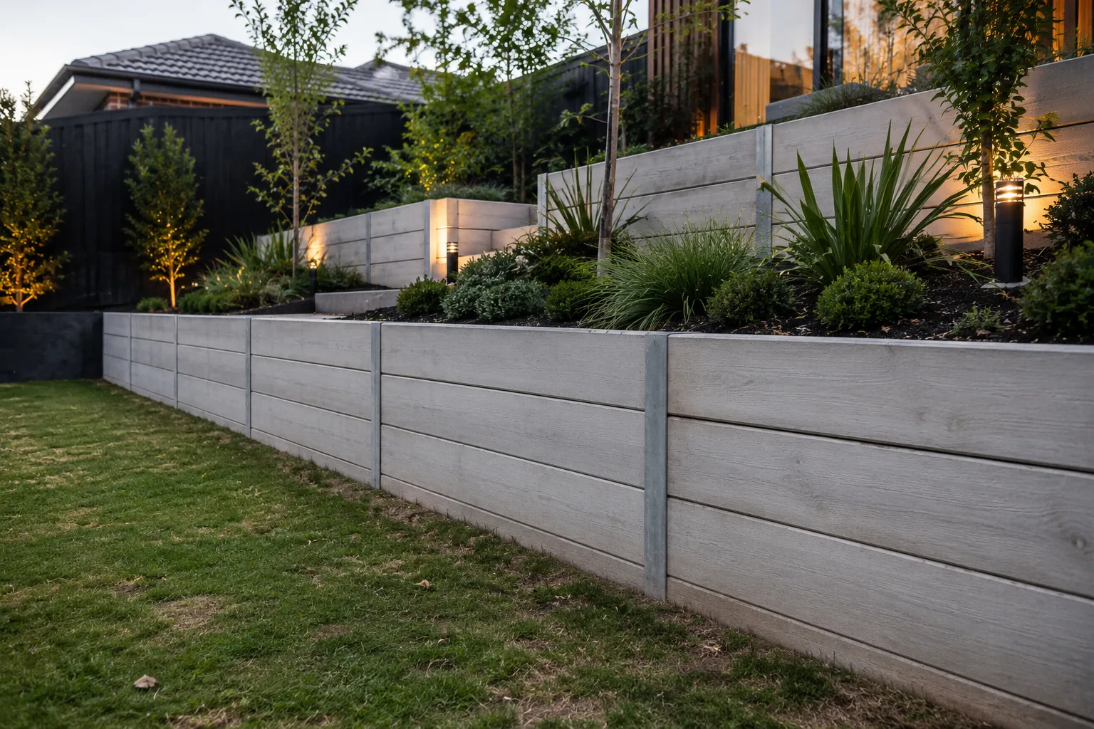Grey concrete sleeper retaining wall with steel posts along a lawn