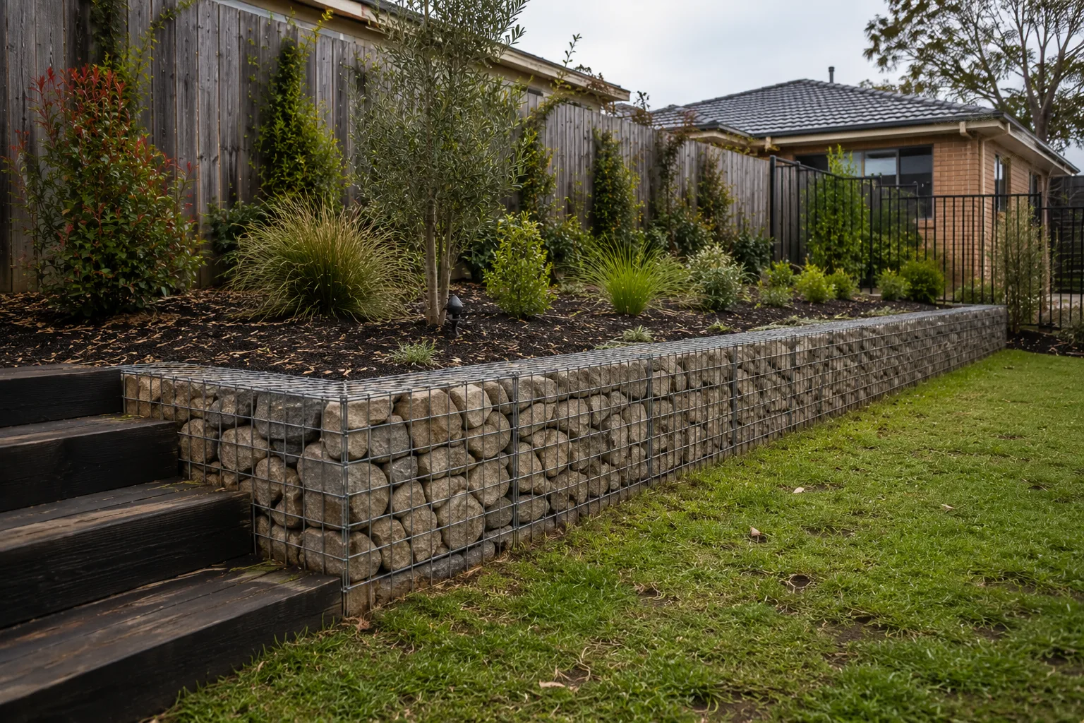 Gabion retaining wall with timber steps leading up a garden slope