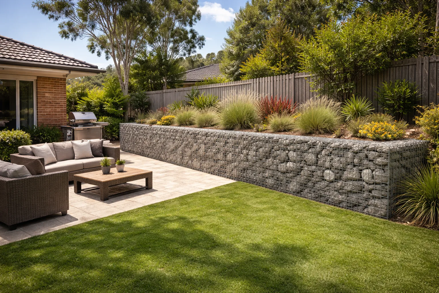 Gabion retaining wall bordering a backyard entertaining area