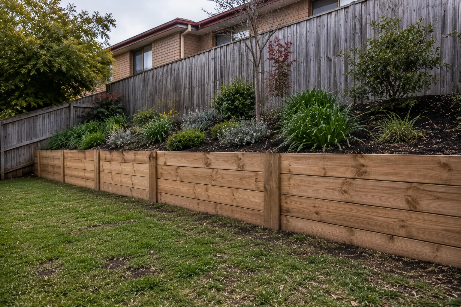 Timber sleeper retaining wall holding a planted garden bed along a fence