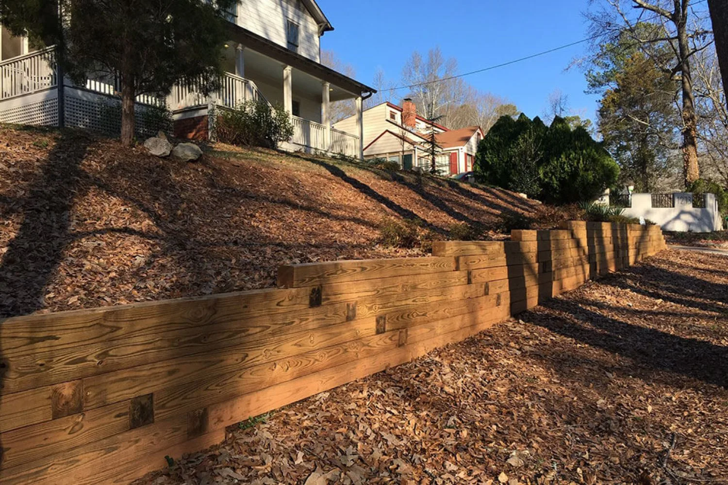 Timber sleeper retaining walls stepping down a sloped yard