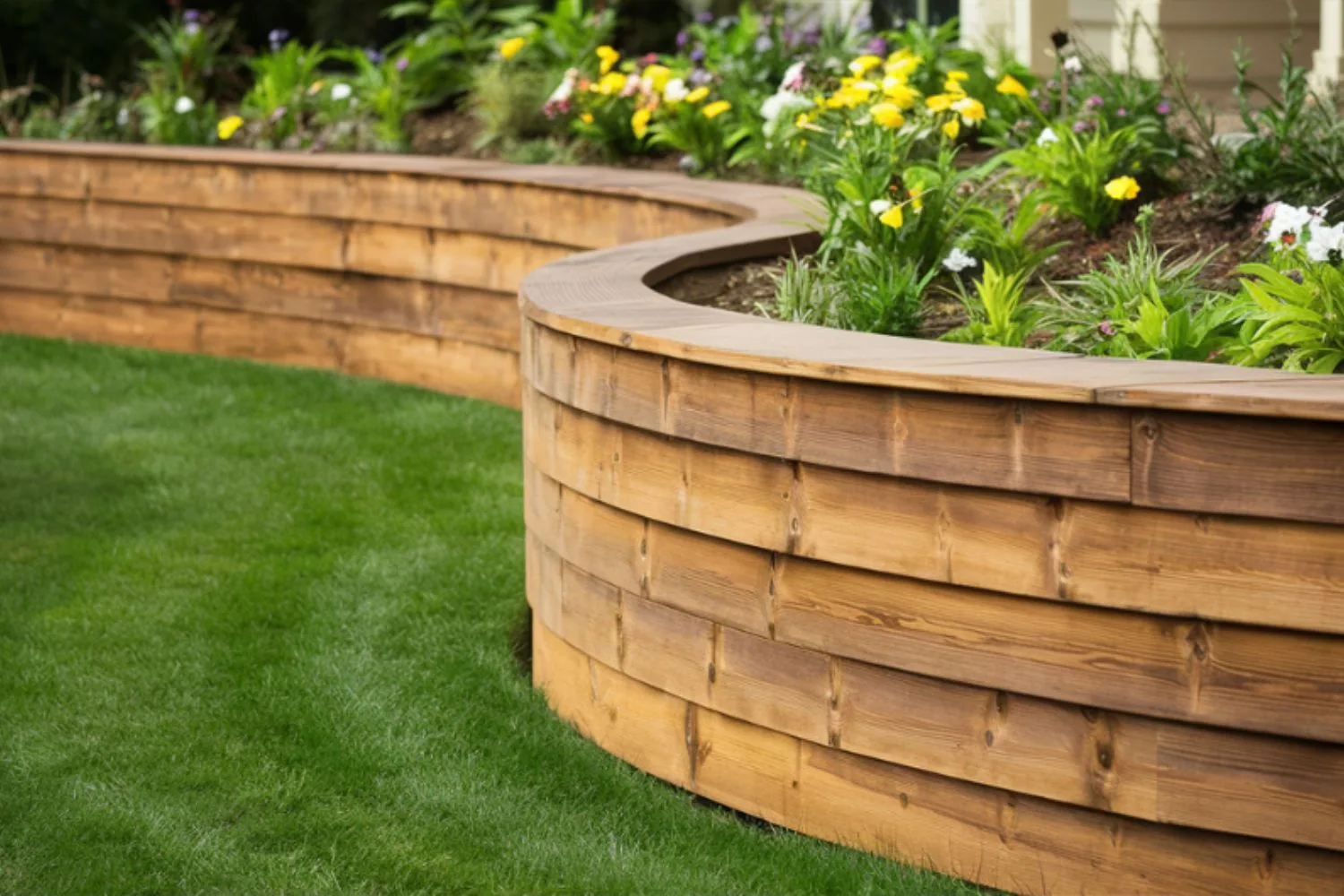 Curved timber sleeper retaining wall around a raised flower bed