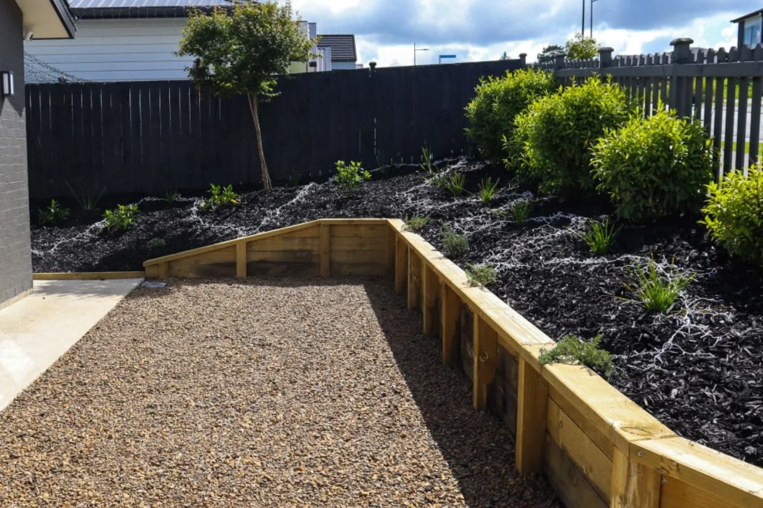 Timber sleeper garden edge retaining a gravel path